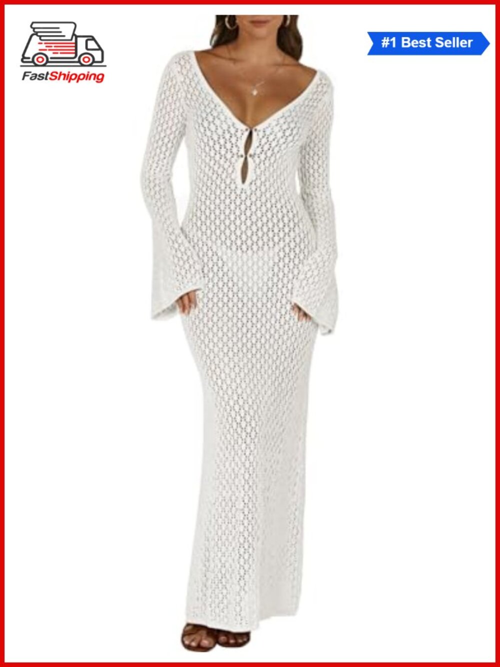 โจANRABESS Women Swimsuit Crochet Coverup Beach Maxi Dress V-Neck Knit